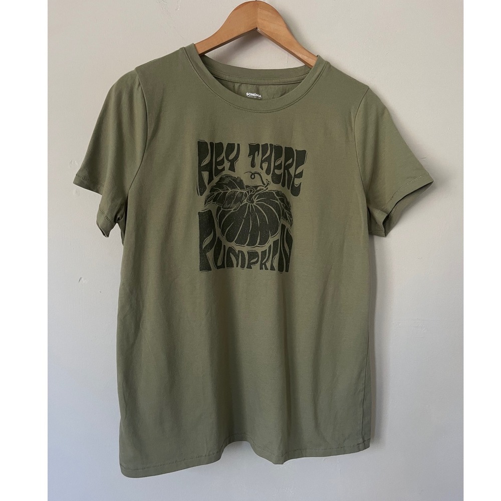 Sonoma Hey There Pumpkin Graphic T-Shirt Olive Green Large Autumn Fall Tee